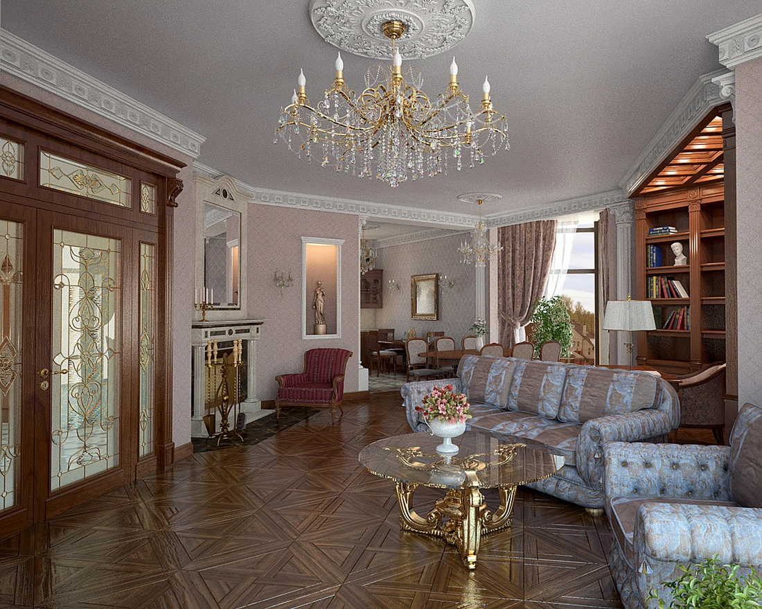 .Центральным элементом гостиной является люстра, безусловно дорогая и эффектная, с большим количеством ламп и хрустальных подвесов.
