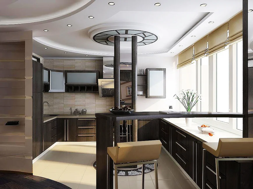 Такая планировка интерьера подходит кухням разного размера.