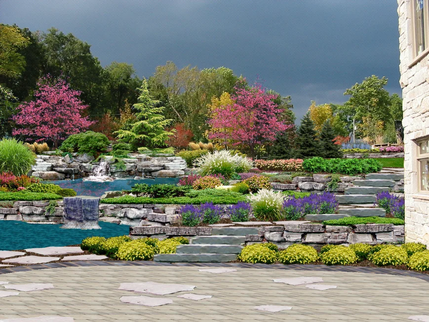 На террасах размещают декоративные посадки, газоны, рокарии, можно создать каскад или водопад с небольшим водоемом.