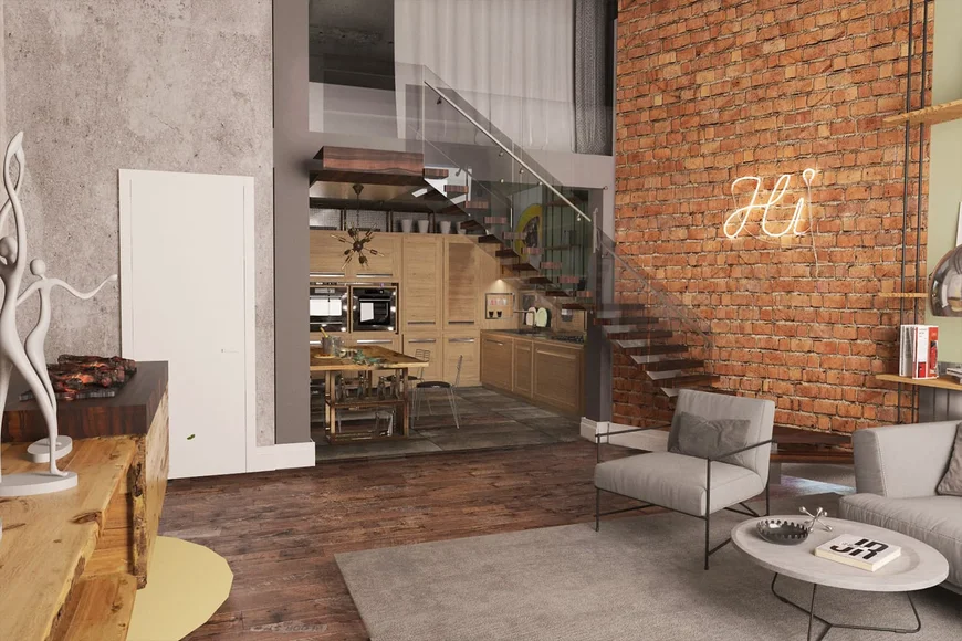 Гостиная с камином в стиле loft