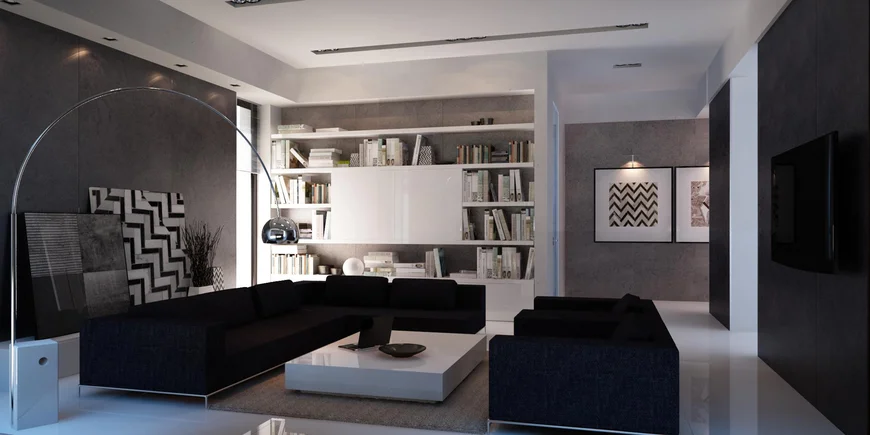 Текстиль в интерьере гостиной присутствует в минимальном количестве.