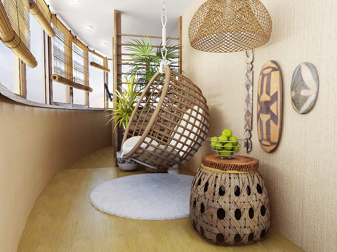 Используйте материалы, напоминающие природные: ламинат и плитку для пола, ротанг и плетение из лозы, шторы из бамбука.