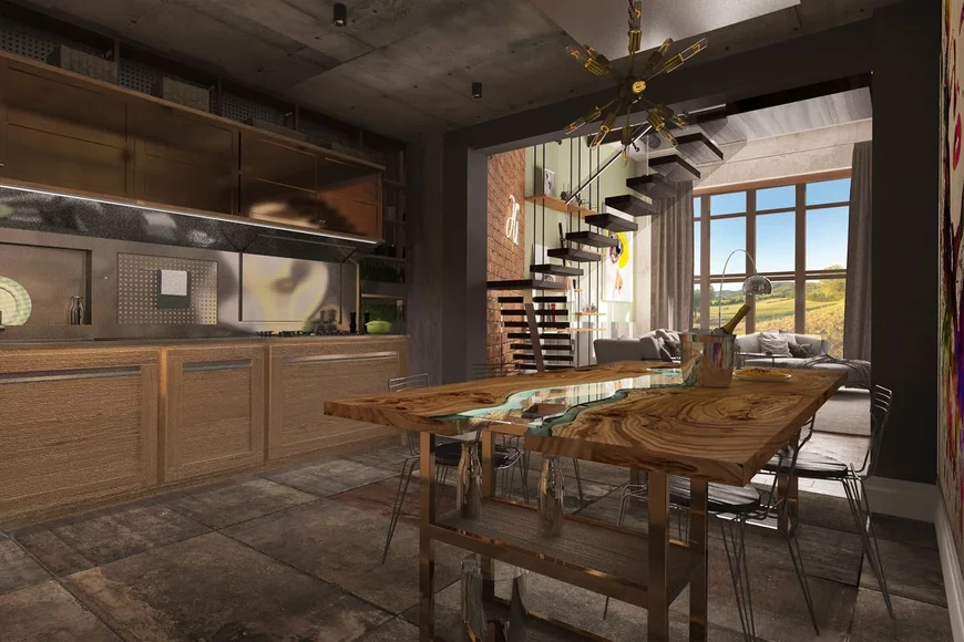 Гостиная с камином в стиле loft.