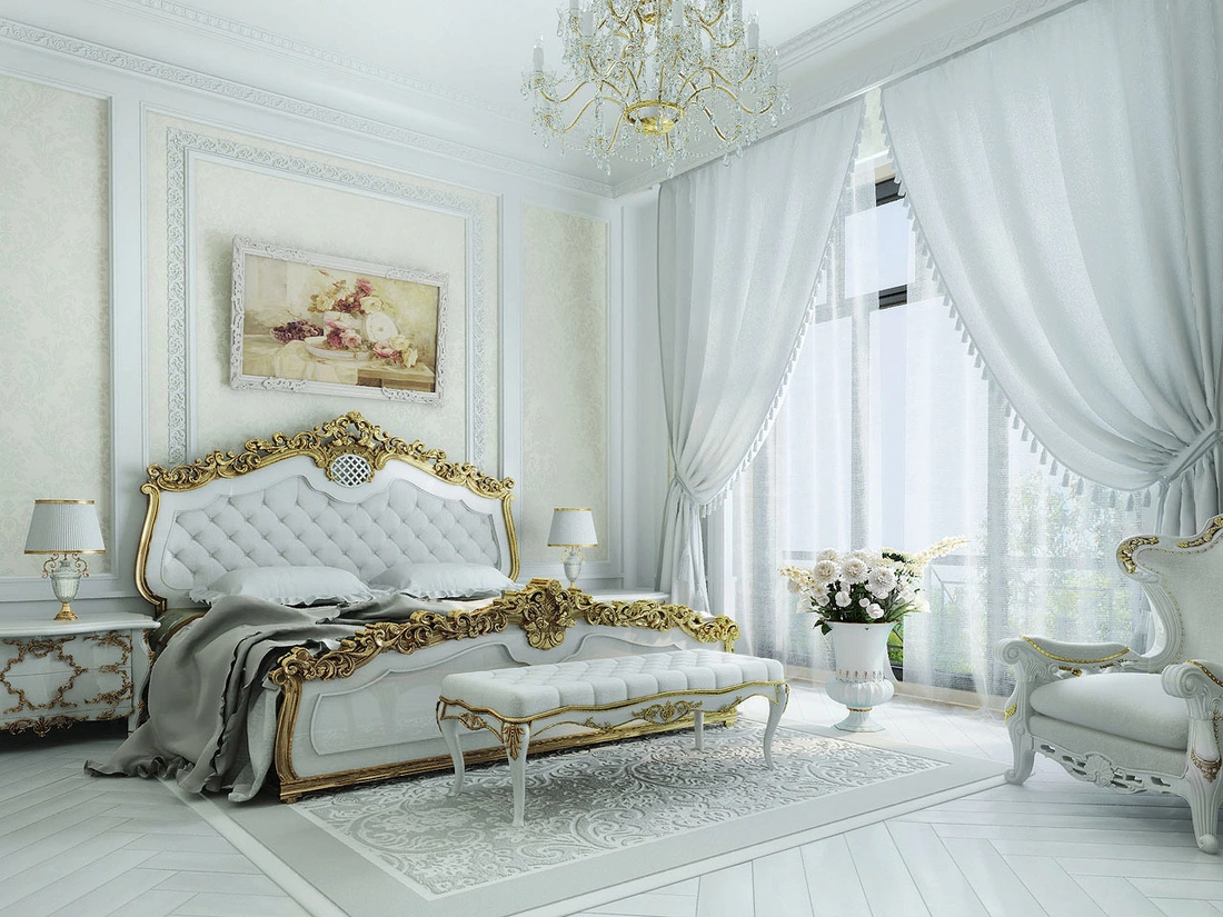 Идеальным цветом для спальни в классическом стиле всегда будет белый.