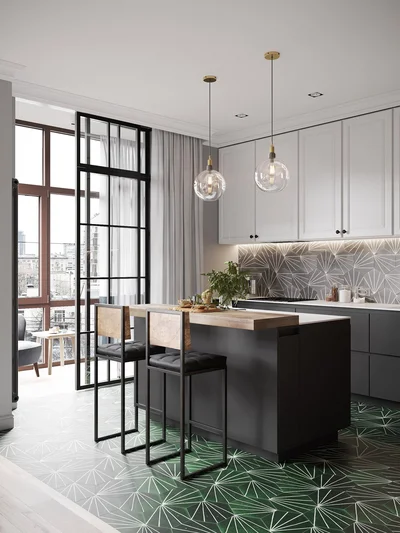 Плитка с графическим рисунком придает дизайну кухни динамику.