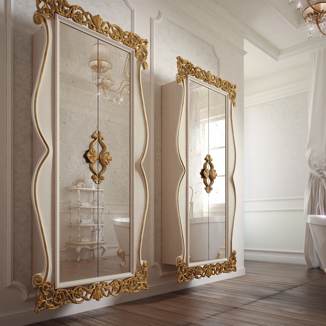 Современная классика позволяет комбинировать стекло с позолотой в отделке ванной комнаты.
