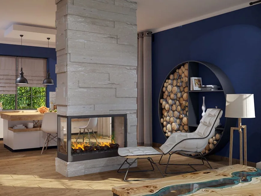 Электрокамин в гостиной-студии. Проект Литвиновой Евгении