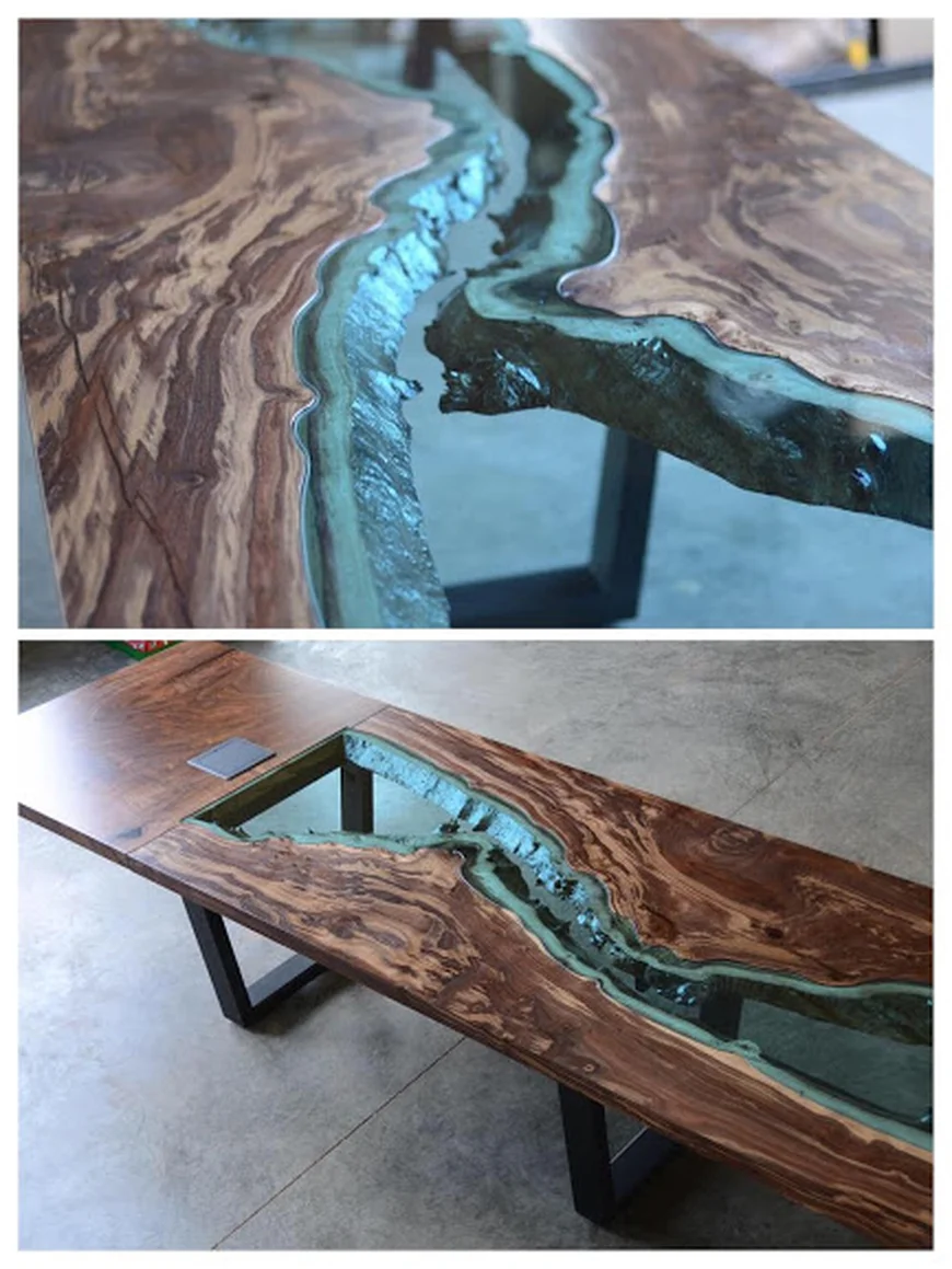 стол деревянный с эпоксидной смолой и подсветкой