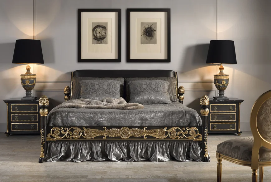 Кровать с высоким изголовьем, стулья, комод, шкаф изготавливаются из ценных пород дерева.