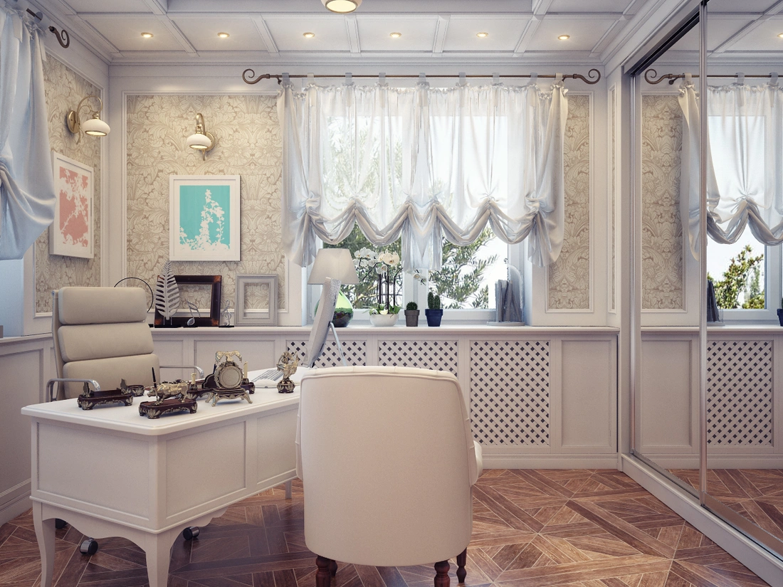 Женский кабинет светлый с изящной мебелью и декором