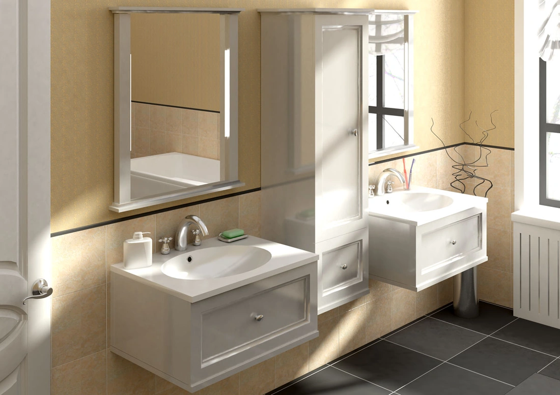 Подвесная мебель сохранит максимум свободного пространства и облегчит вам задачу уборки ванной комнаты. Чистота с наименьшими усилиями.