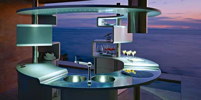 Исконные материалы кухни в стиле «хай-тек» – это алюминий, сталь, прозрачное матовое и белое стекло.