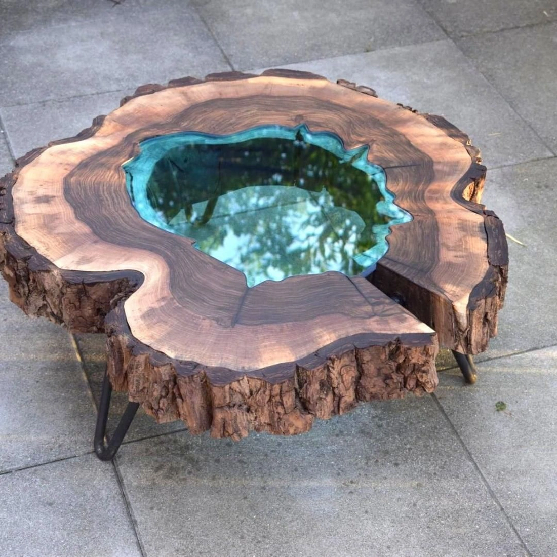 Resin poured wood table.