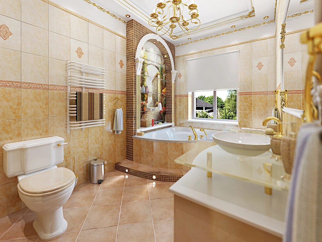 Стиль этой ванной комнаты классический с примесью итальянского стиля. Общее настроение — роскошь, богатство и изысканность.
