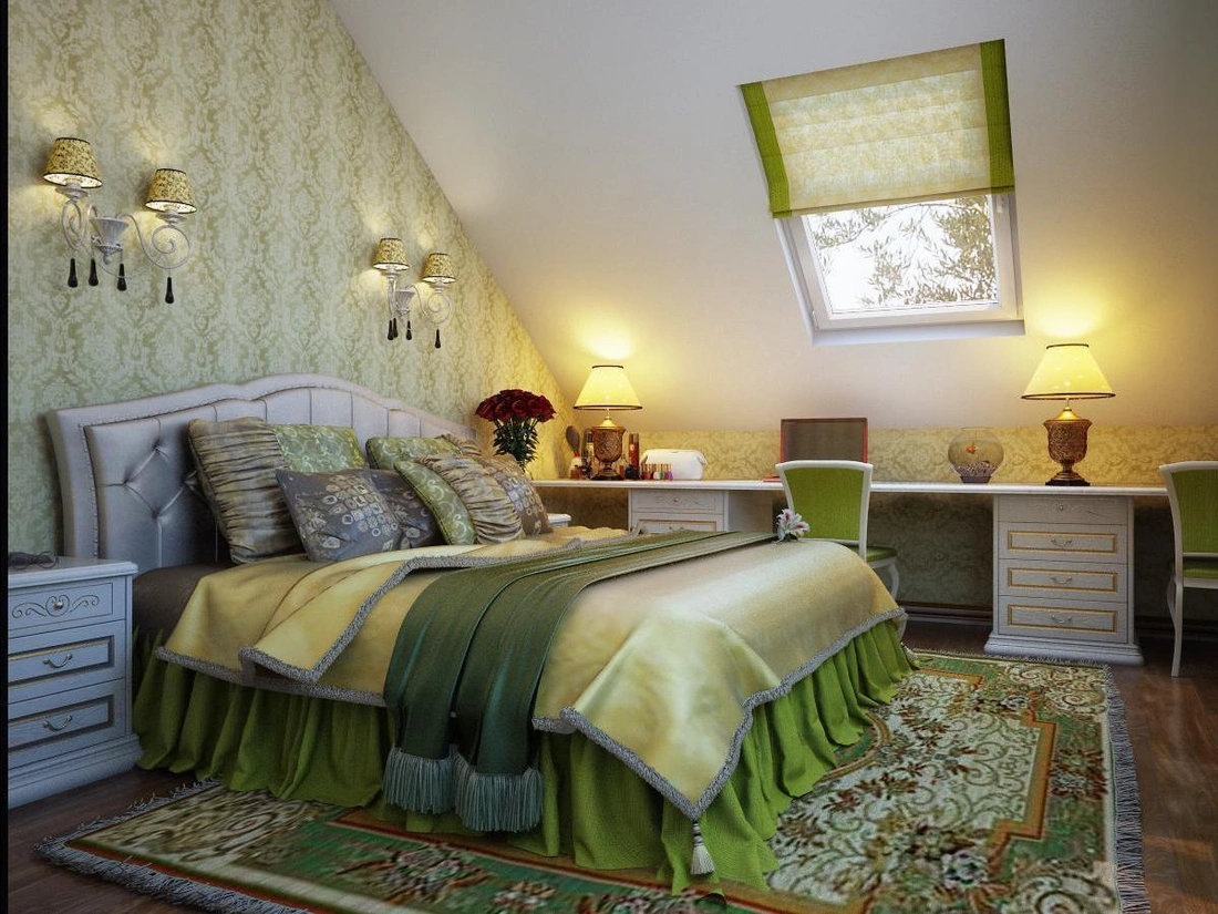 Деревянная кровать, комод и шкаф придают немного дачный вид спальной комнате. 
