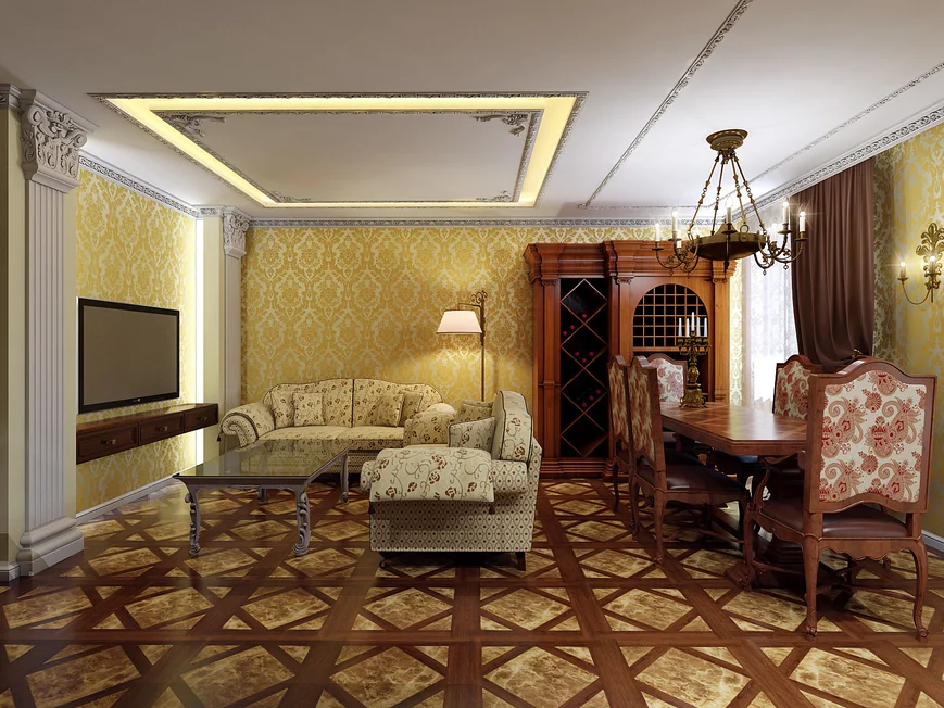  Пол в гостиной лучше отделывать дорогими материалами — от мозаичной кладки паркета из натурального дерева ценных пород и до покрытия из мрамора.