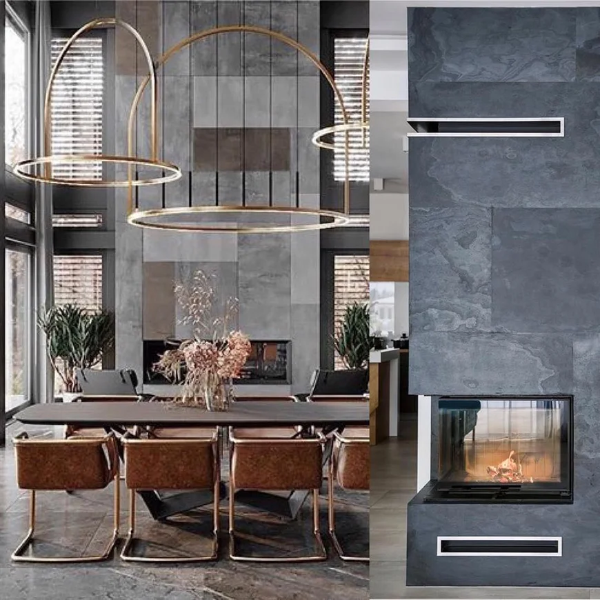 Каменный шпон в отделке камина .