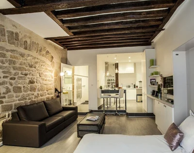 Часто оборудуют гостиную-студию барной стойкой и огромным количеством современной бытовой техники: кофе-машина, тостер, кухонный комбайн, посудомоечная машина, холодильник .